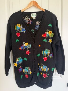 VTG The Quacker Factory Angel Heart Star Embroidered Cardigan Sweater Black 1X